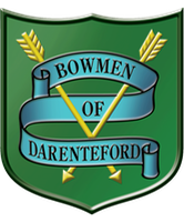 Bowmen of Darenteford's club crest - a green shield with the club's name on a light blue scroll, and two golden arrows crossed low in an X.