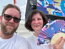 Archers Chris and Ruth sit in the stands of Les Invalides at the Paris 2024 Olympics