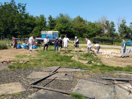 Volunteers pass bricks along a construction line
