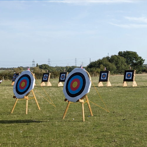 Straw bosses in the foreground and square bosses behind them, with large target faces. The field is green on a sunny morning. The edge of the field is lined with trees, and far in the distance there are pylons against the blue sky.