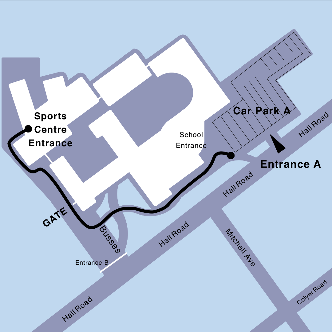 Simple map of the school grounds, showing entrance from car park A and walking path past the main reception, school busses, gate, and to the sports centre entrance.